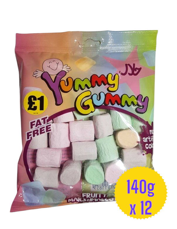 Yummy Gummy Fruity Marshmallows Full Box. 12 x 140g Bags. Bulk Buy Halal.