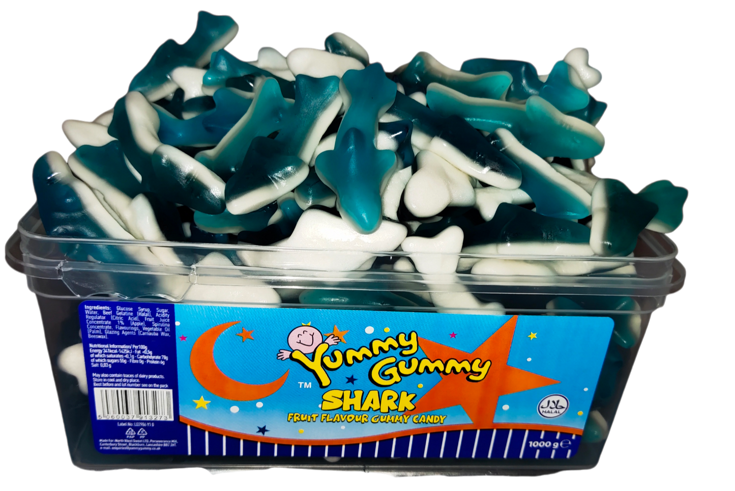 Yummy Gummy Giant Jelly Sharks 1kg Tub. HALAL Gummy Sweets.