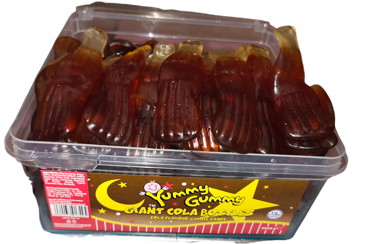 Yummy Gummy Giant Cola Bottles 1kg Tub. HALAL Gummy Sweets.