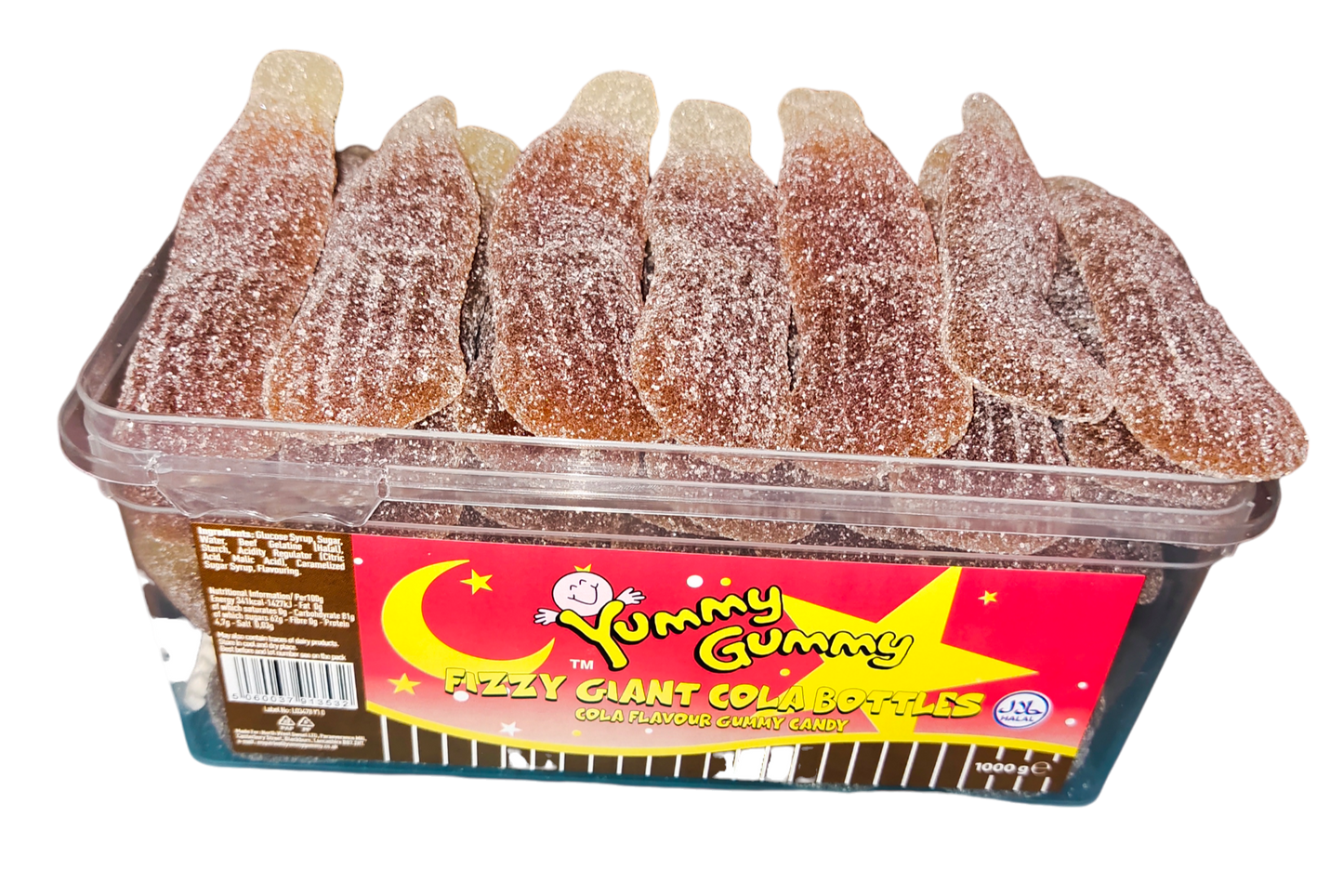 Yummy Gummy Giant Fizzy Cola Bottles 1kg Tub. HALAL Gummy Sweets.