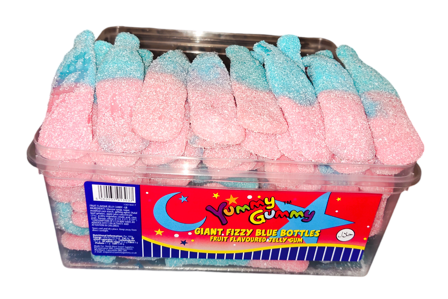 Yummy Gummy Giant Fizzy Pink & Blue Bubble Gum Bottles 800g Tub. HALAL Gummy Sweets.