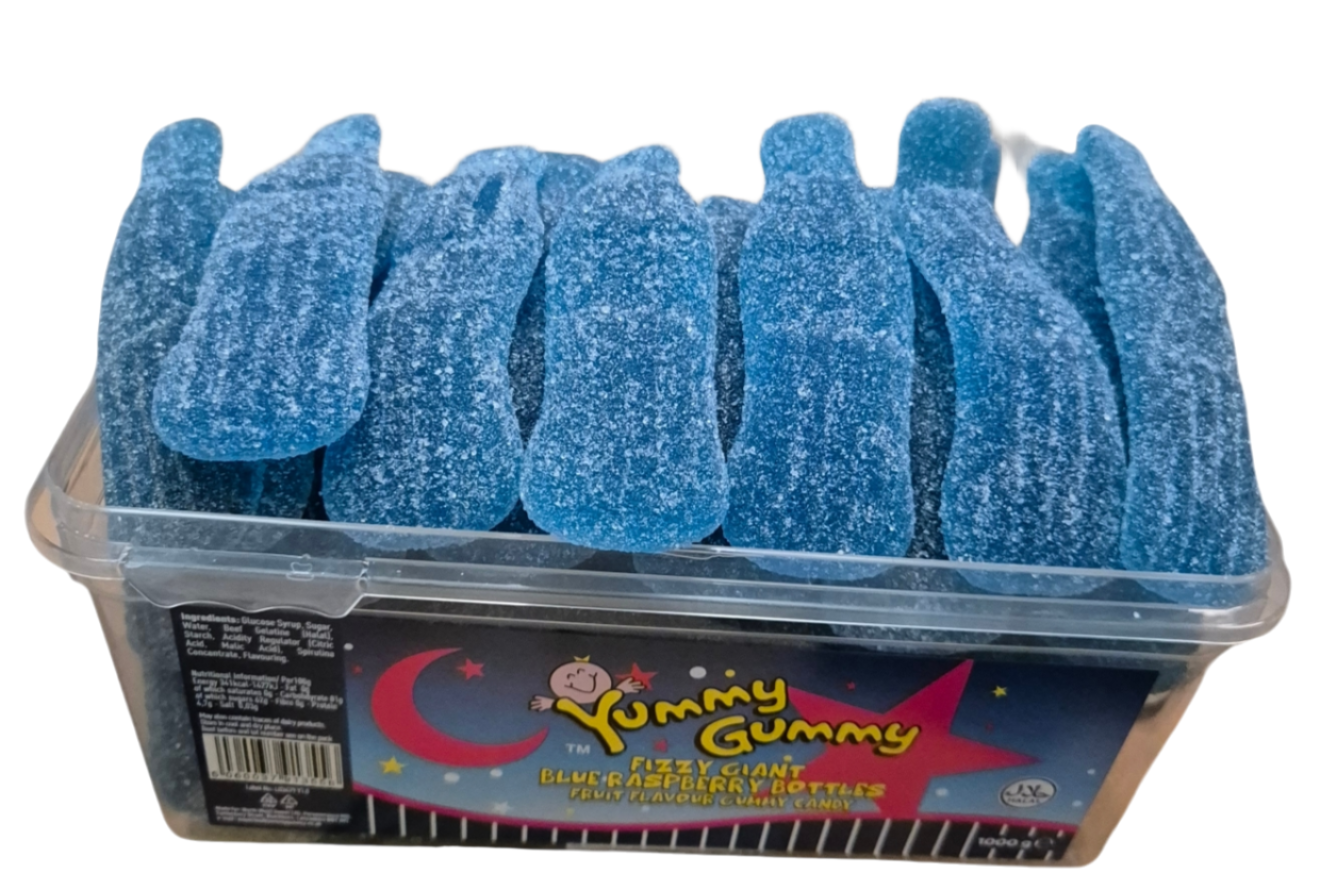 Yummy Gummy Giant Fizzy Blue Raspberry Bottle 1kg Tub. HALAL Gummy Sweets.