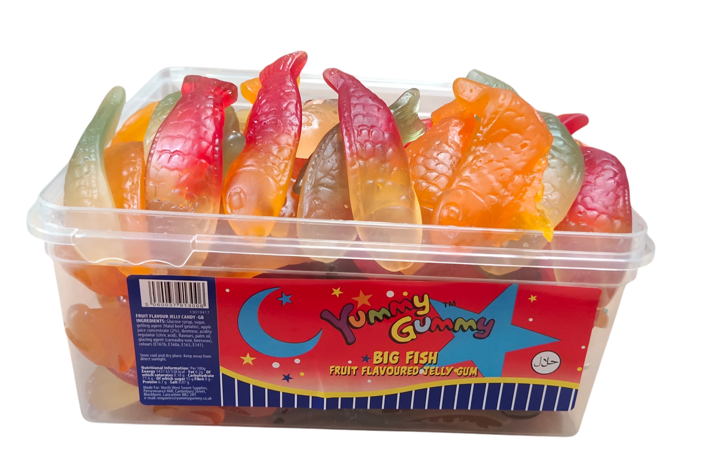Yummy Gummy Giant Fish 800g Tub. HALAL Gummy Sweets.
