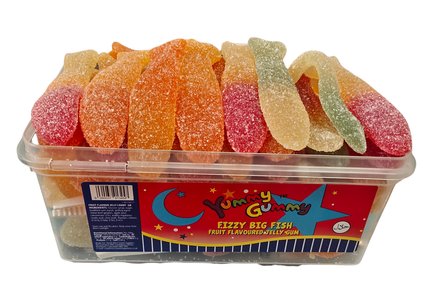 Yummy Gummy Giant Fizzy Fish 800g Tub. HALAL Gummy Sweets.