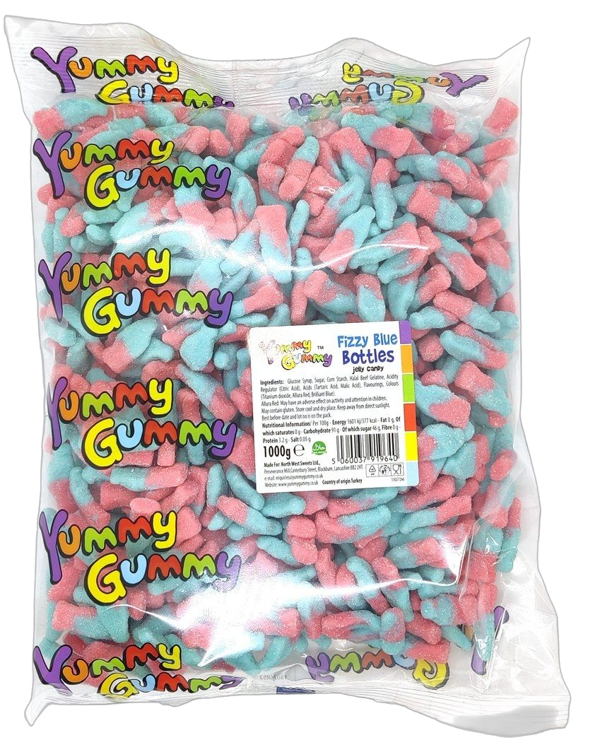 Yummy Gummy Pink & Blue Bubble Gum Bottles 1kg Bag. HALAL.