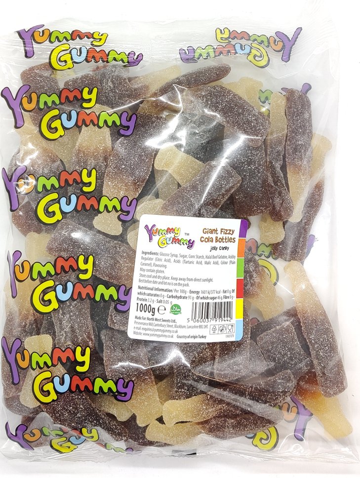 Yummy Gummy Giant Fizzy Cola Bottles 1kg Bag. HALAL.