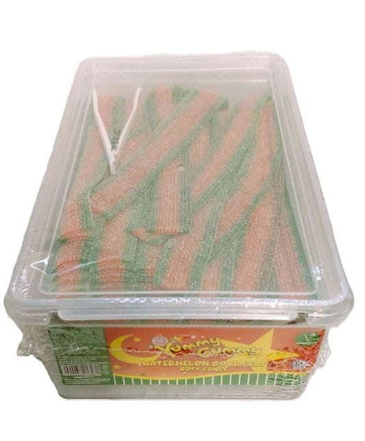 Yummy Gummy Fizzy Belts Tubs (120 Pieces). Suitable For Vegetarians. Halal. Watermelon Flavour.