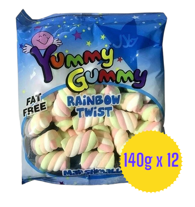 Yummy Gummy Rainbow Twist Marshmallows Full Box. 12 x 140g Bags. Bulk Buy  Halal.