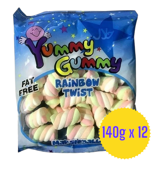 Yummy Gummy Rainbow Twist Marshmallows Full Box. 12 x 140g Bags. Bulk Buy  Halal.