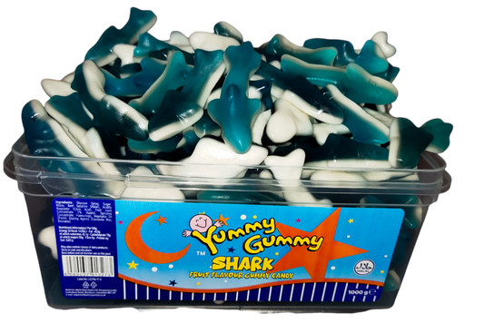 Yummy Gummy Giant Jelly Sharks 1kg Tub. HALAL Gummy Sweets.