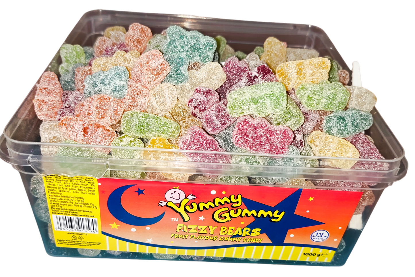 Yummy Gummy Fizzy Bears 1kg Tub. HALAL Gummy Sweets.