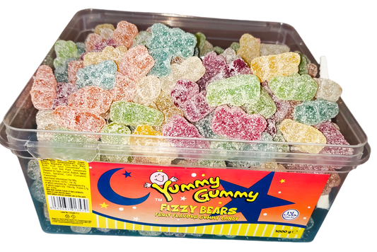 Yummy Gummy Fizzy Bears 1kg Tub. HALAL Gummy Sweets.