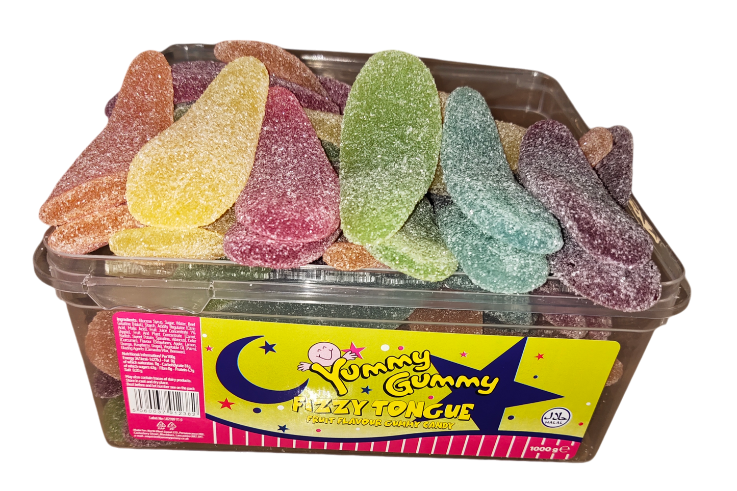 Yummy Gummy Giant Fizzy Tongues 1kg Tub. HALAL Gummy Sweets.