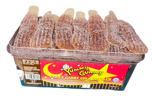 Yummy Gummy Giant Fizzy Cola Bottles 1kg Tub. HALAL Gummy Sweets.
