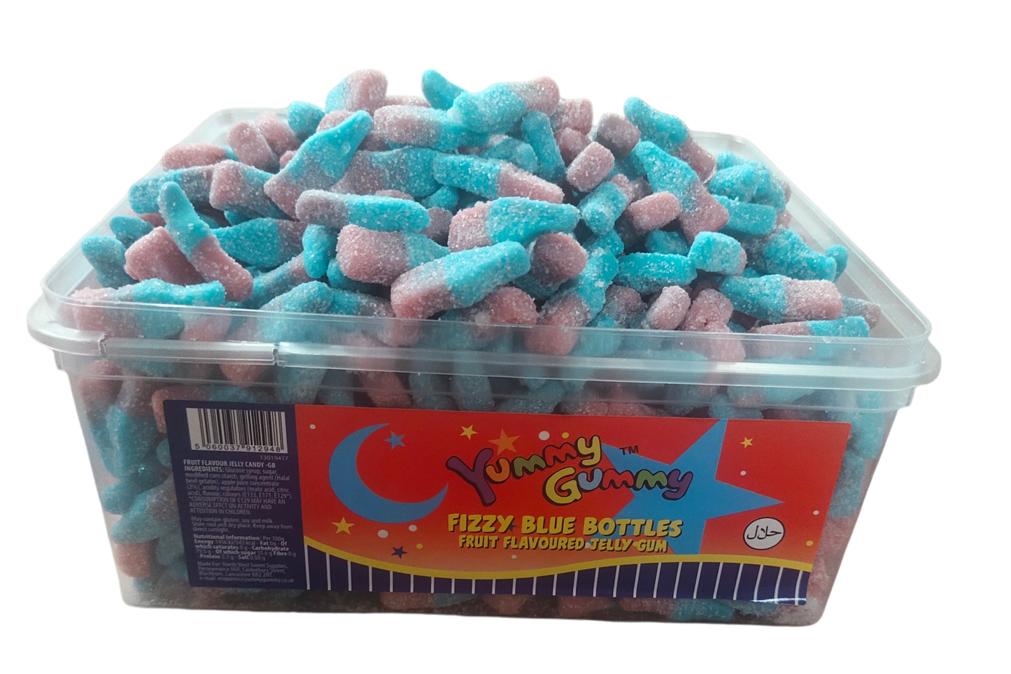 Yummy Gummy Fizzy Pink & Blue Bubble Gum Bottles 800g Tub. HALAL Gummy Sweets.