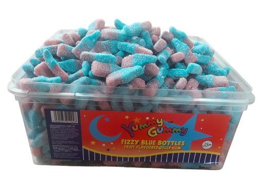 Yummy Gummy Fizzy Pink & Blue Bubble Gum Bottles 800g Tub. HALAL Gummy Sweets.