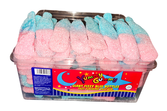 Yummy Gummy Giant Fizzy Pink & Blue Bubble Gum Bottles 800g Tub. HALAL Gummy Sweets.