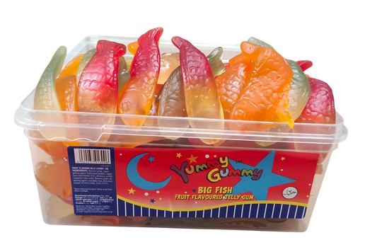 Yummy Gummy Giant Fish 800g Tub. HALAL Gummy Sweets.