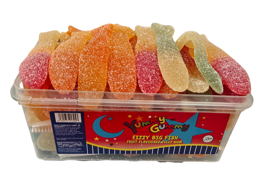 Yummy Gummy Giant Fizzy Fish 800g Tub. HALAL Gummy Sweets.
