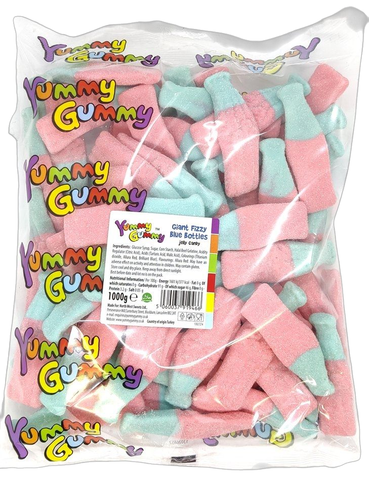 Yummy Gummy Giant Fizzy Blue Bubble Gum Bottles 1kg Bag. HALAL.