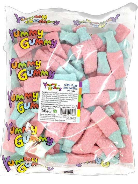 Yummy Gummy Giant Fizzy Blue Bubble Gum Bottles 1kg Bag. HALAL.