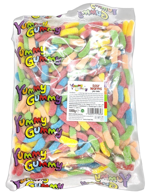 Yummy Gummy Sour Worms 1kg Bag. HALAL.