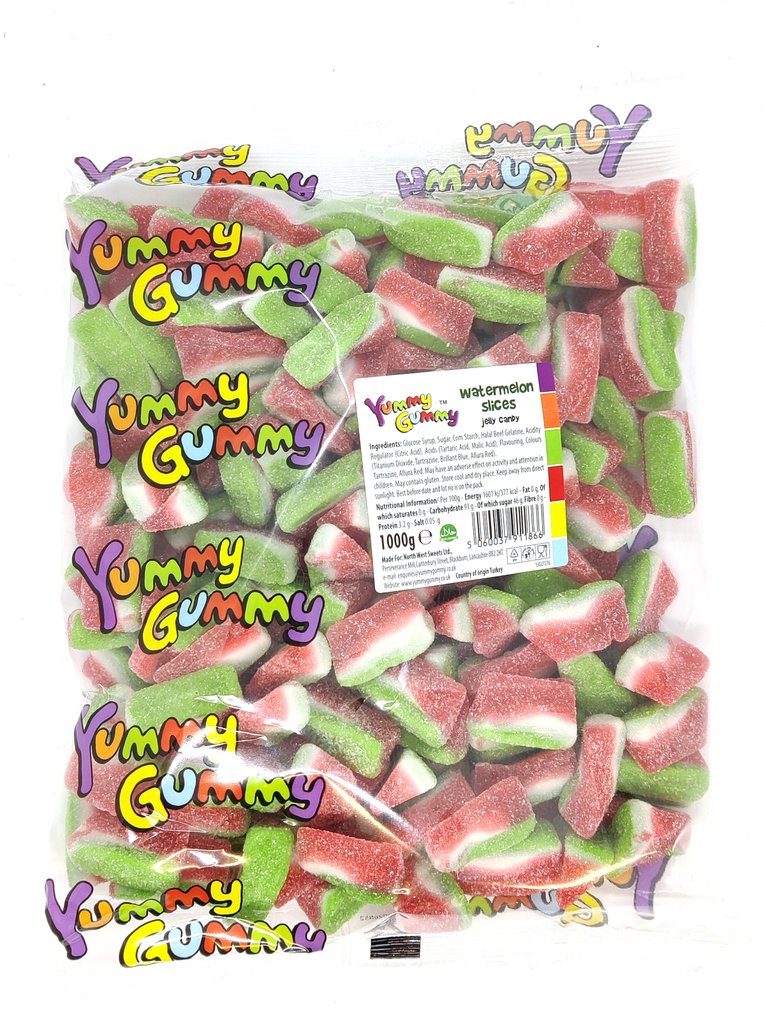 Yummy Gummy Fizzy Watermelon Slices 1kg Bag. HALAL.